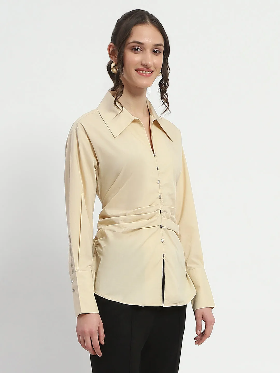 Madame Ruched Waist Wing Necked Solid Beige Cotton Shirt Polo Style
