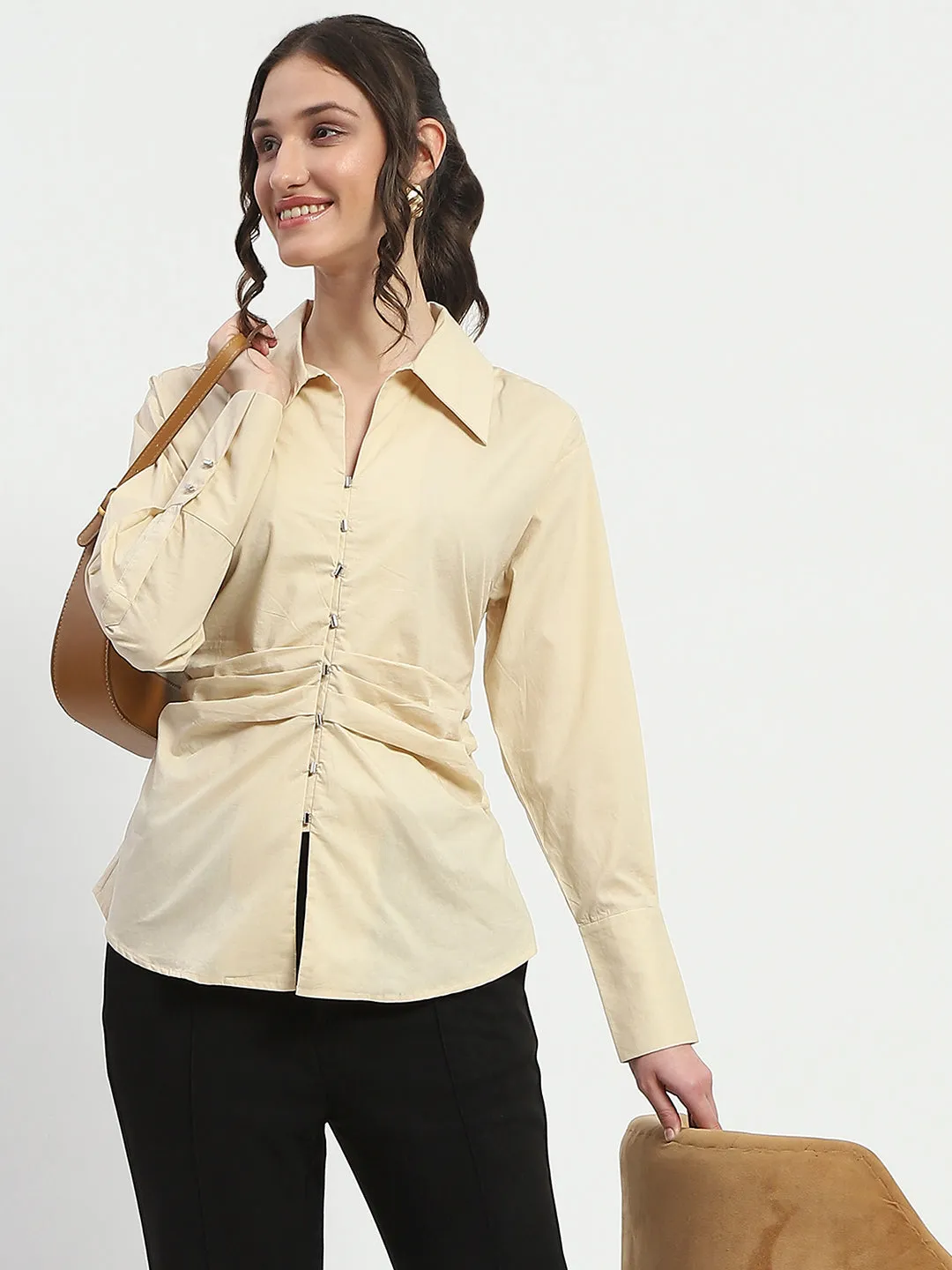 Madame Ruched Waist Wing Necked Solid Beige Cotton Shirt Quality Material