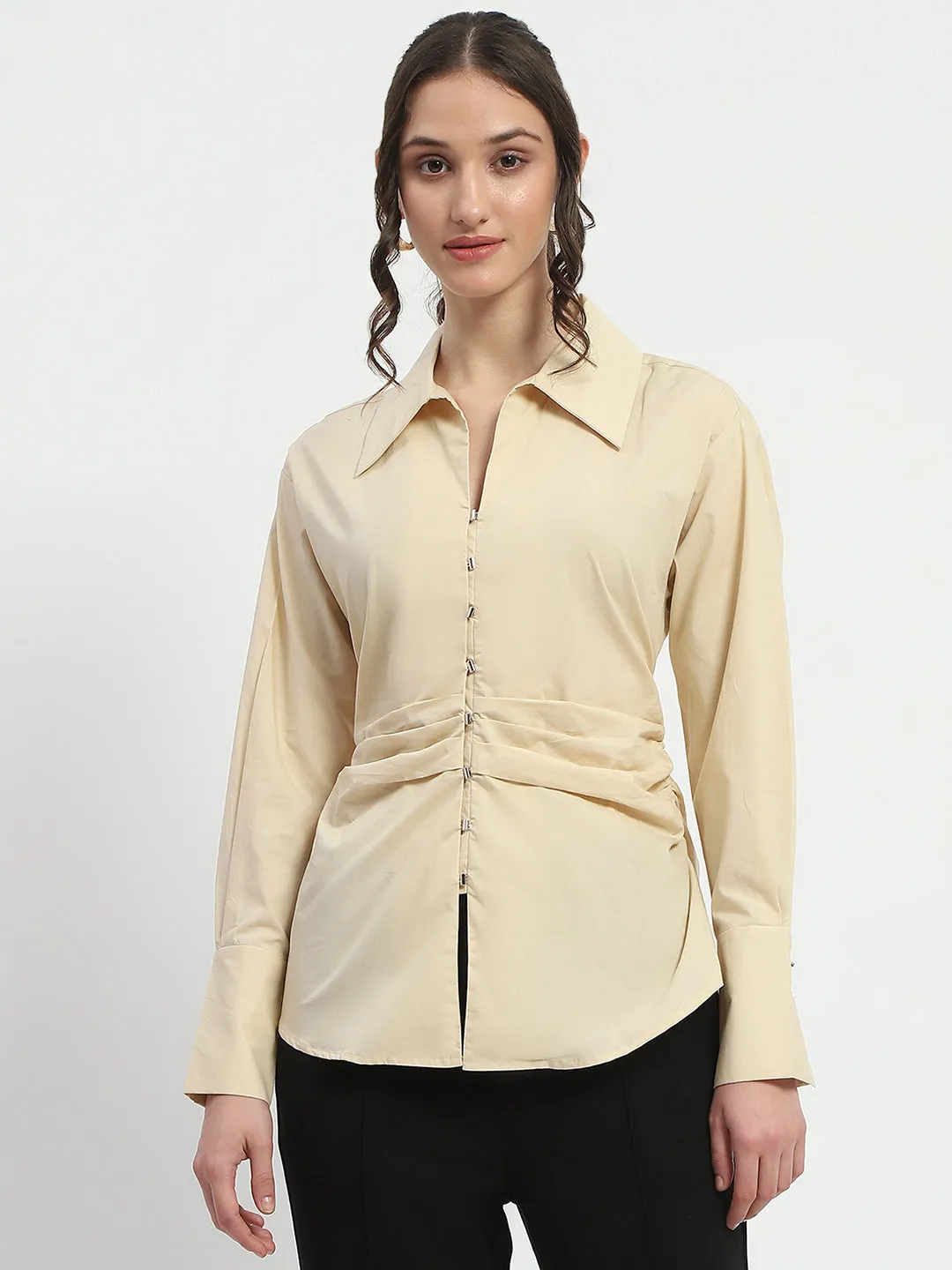 Fashion-Forward Madame Ruched Waist Wing Necked Solid Beige Cotton Shirt