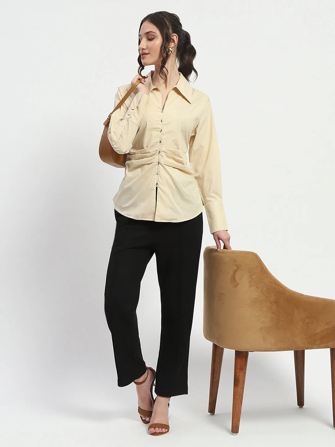 Madame Ruched Waist Wing Necked Solid Beige Cotton Shirt Holiday Travel Casual Day