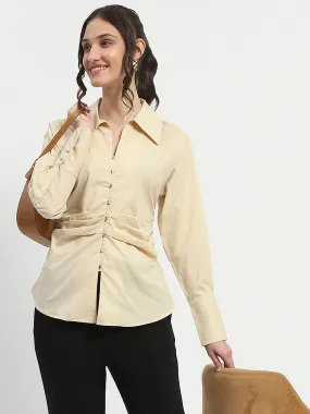 Madame Ruched Waist Wing Necked Solid Beige Cotton Shirt Quality Material