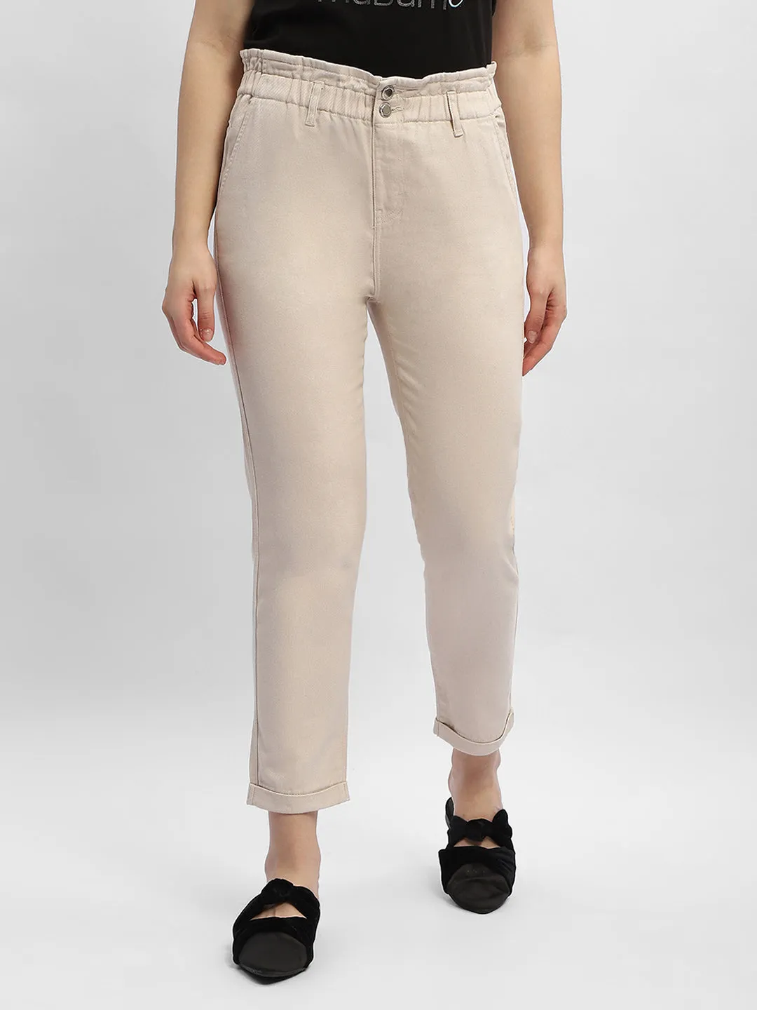 Double Stitched Madame Ruched Waistband White Trousers