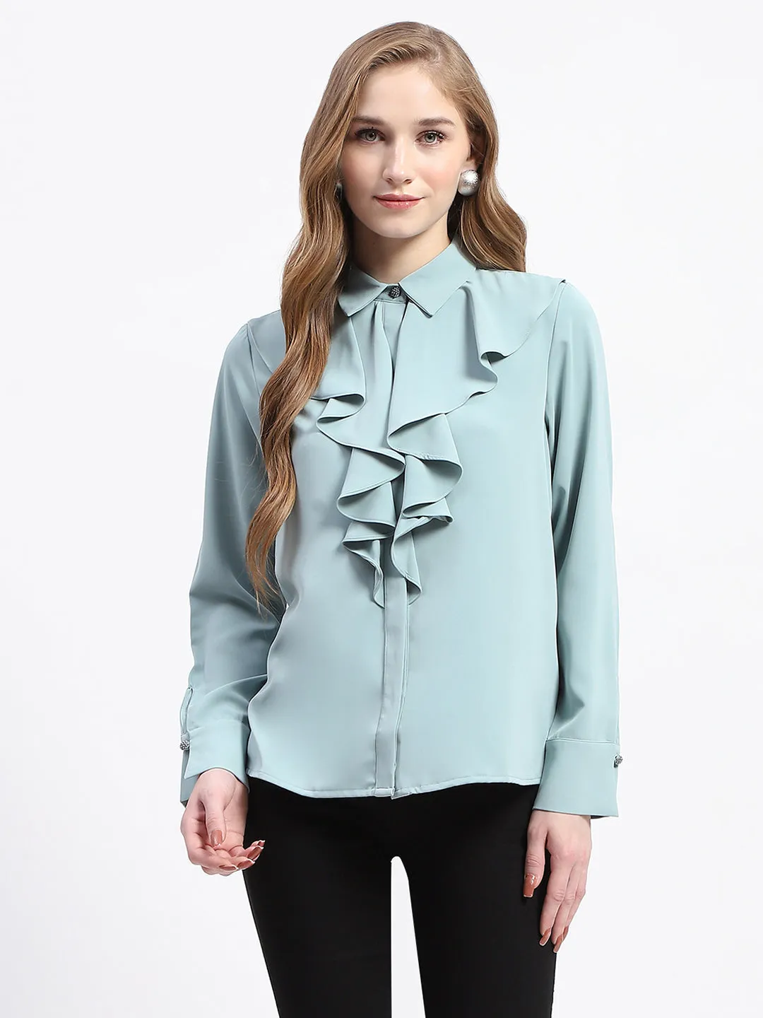 Madame Ruffle Collar Solid Grey Shirt Casual Style High-Quality Craftsmanship