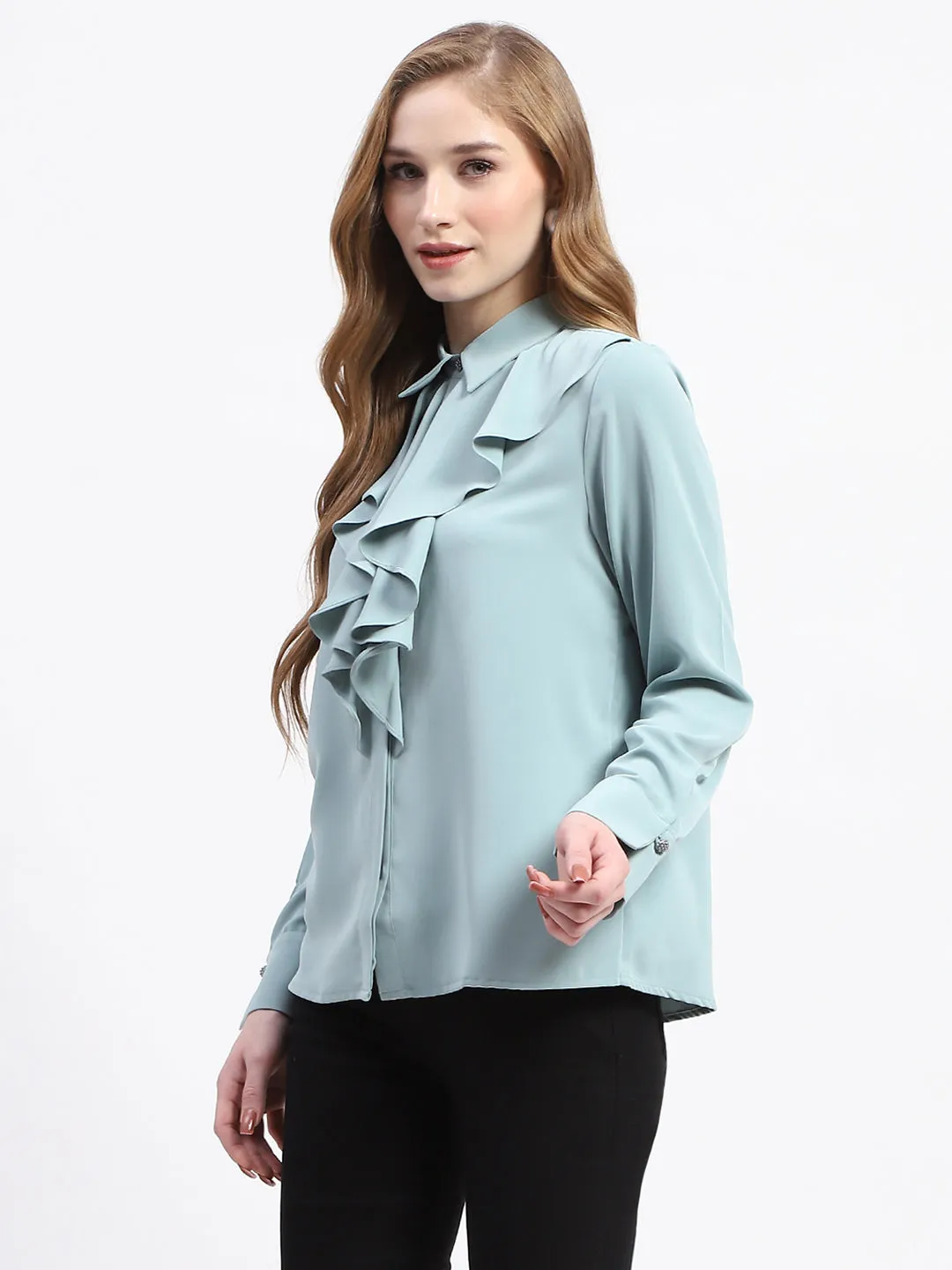 Madame Ruffle Collar Solid Grey Shirt Zip Front Smart Appearance