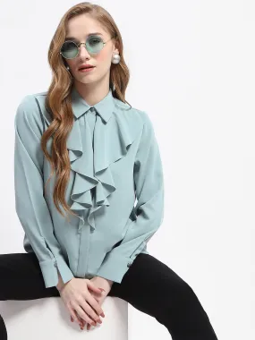 Layered Hemline Soft Touch Madame Ruffle Collar Solid Grey Shirt