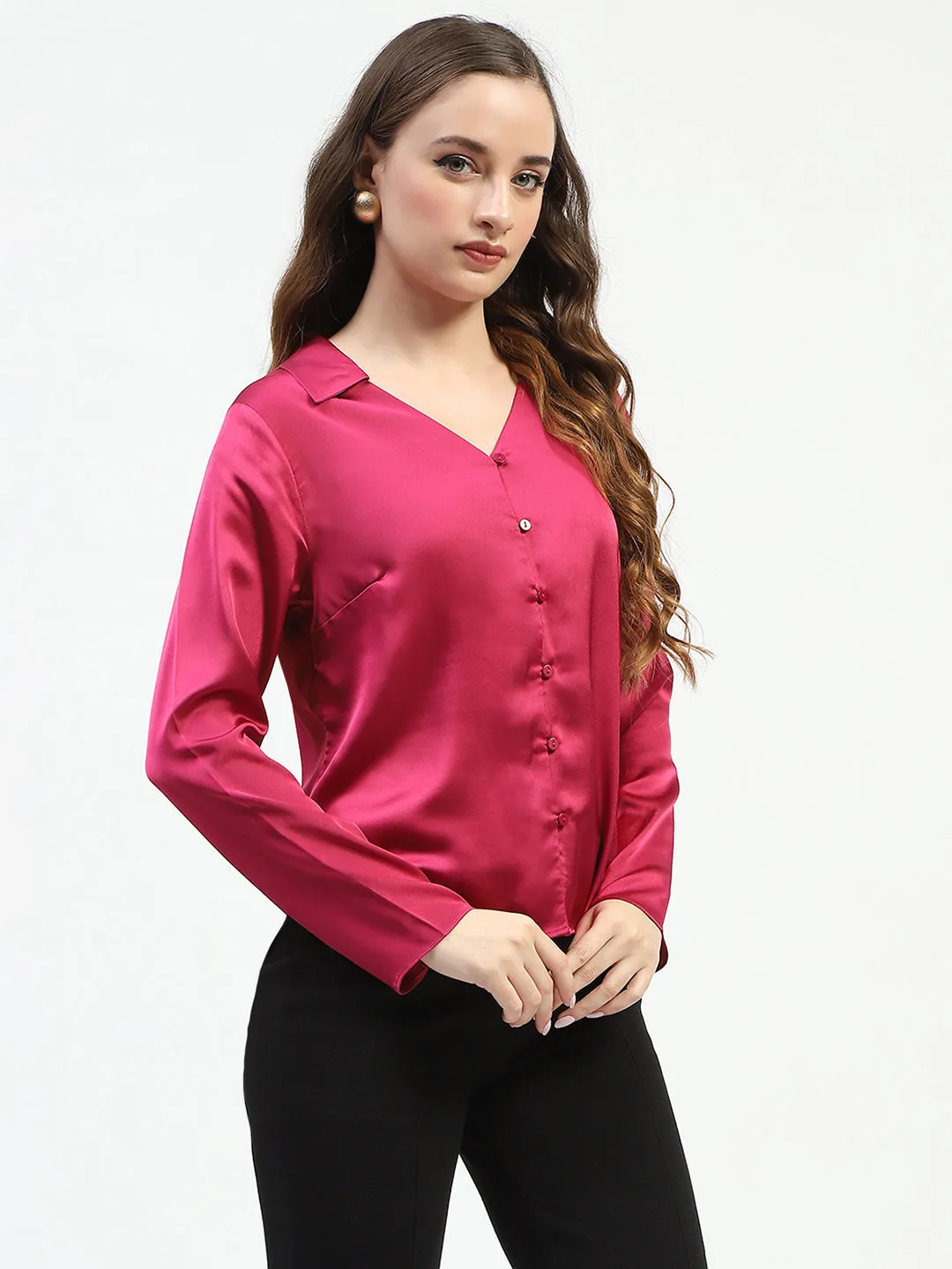 Brunch Outfit Madame Satin Bell Sleeve Collared Solid Fuschia Top