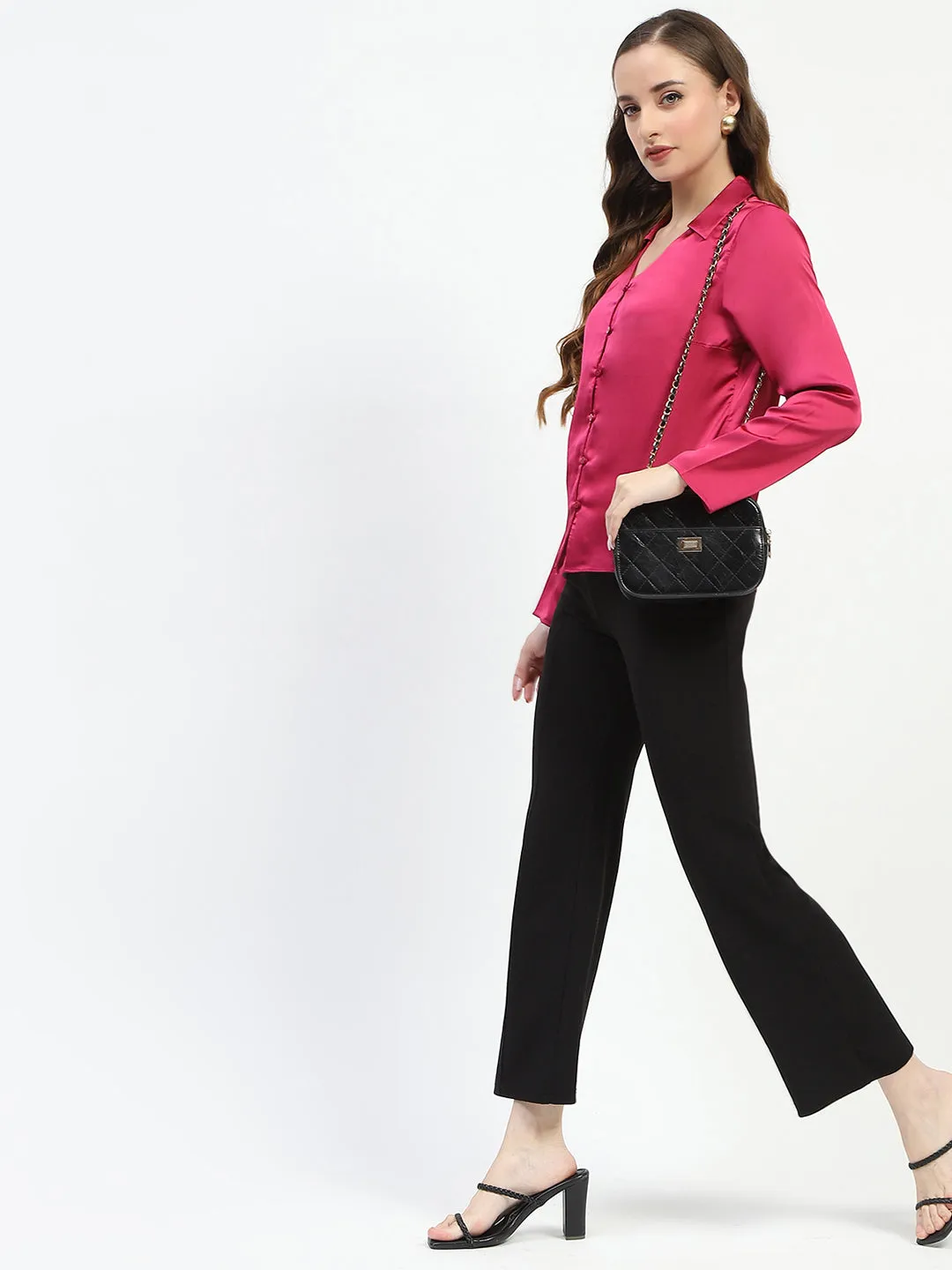 Madame Satin Bell Sleeve Collared Solid Fuschia Top Subtle patterns Monochrome Palette