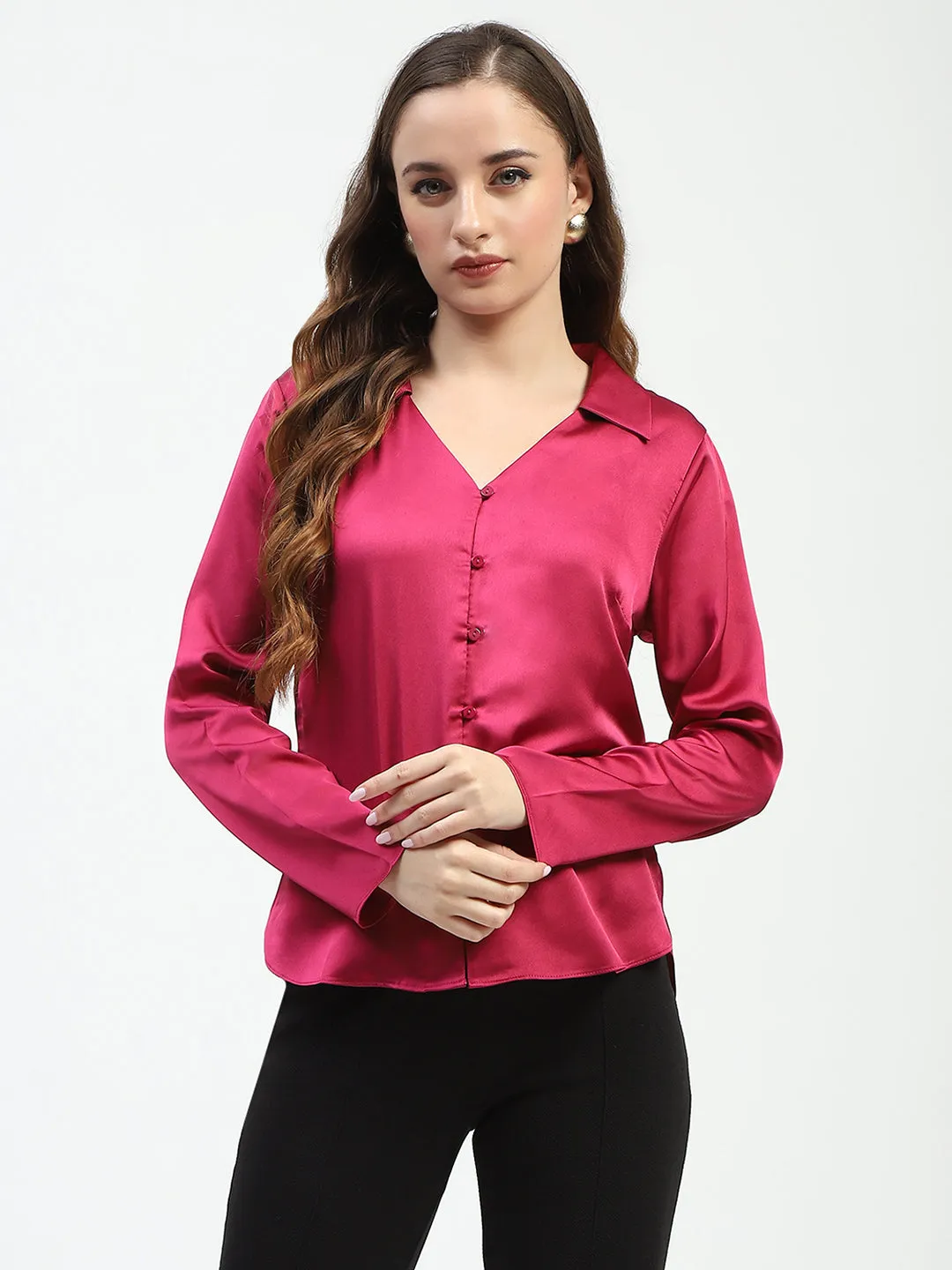 Madame Satin Bell Sleeve Collared Solid Fuschia Top Spring Trend Reinforced Buttonholes