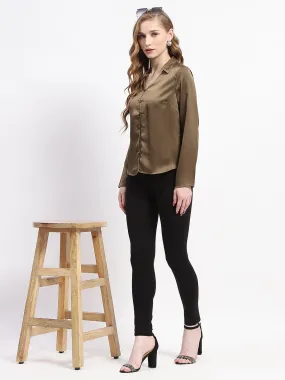 Madame Satin Bell Sleeve Collared Solid Olive Green Top Camping Essential Simple Comfort