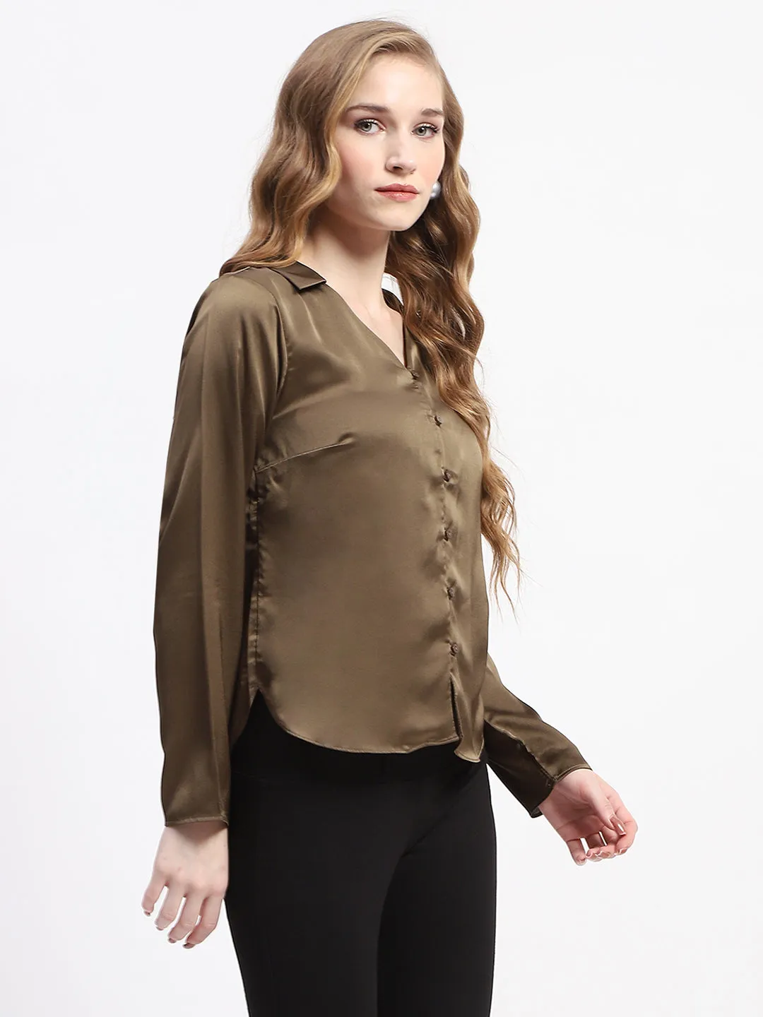 Lakeside Relaxation Budget Friendly Madame Satin Bell Sleeve Collared Solid Olive Green Top