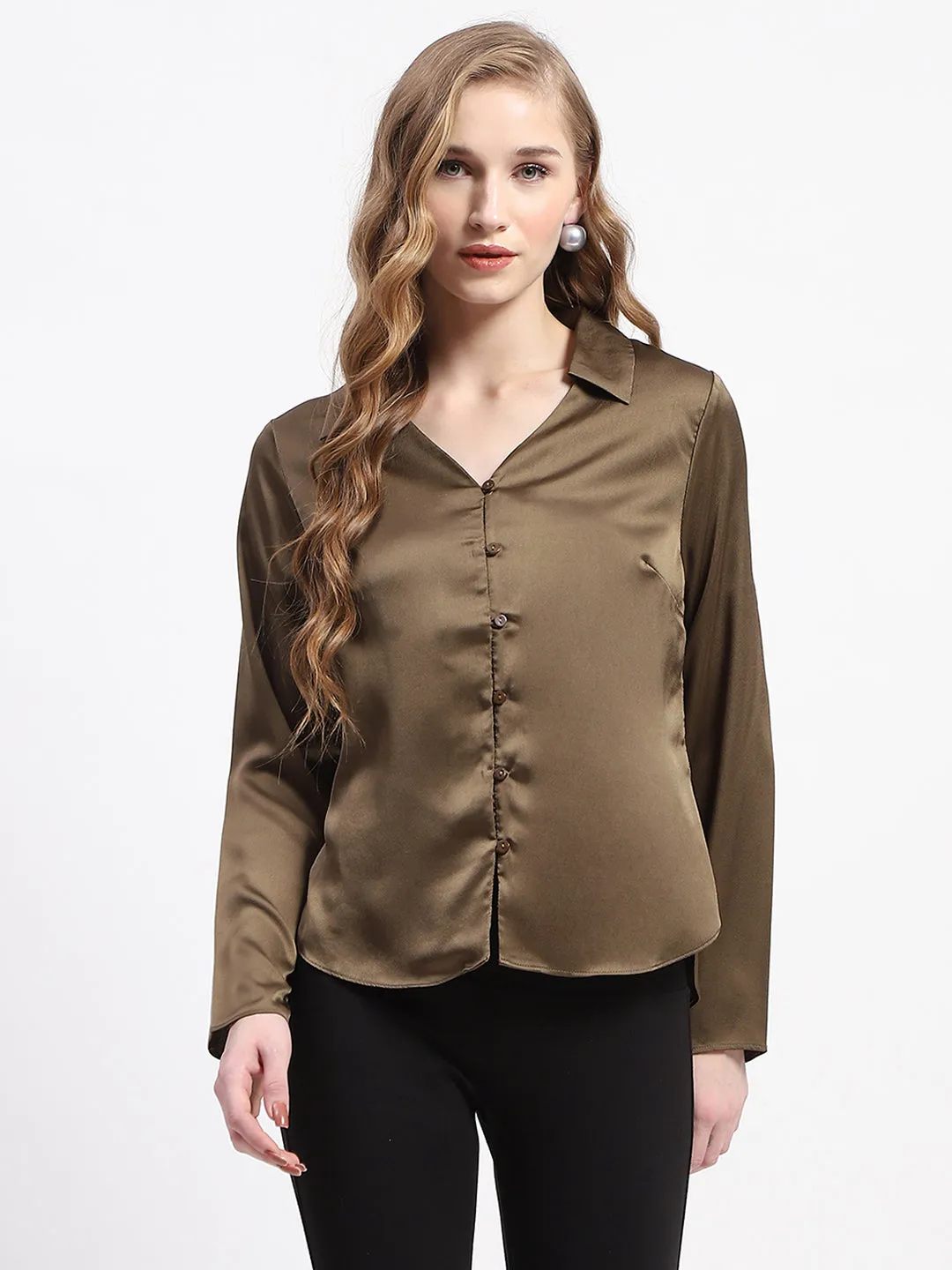 Madame Satin Bell Sleeve Collared Solid Olive Green Top Vibrant color