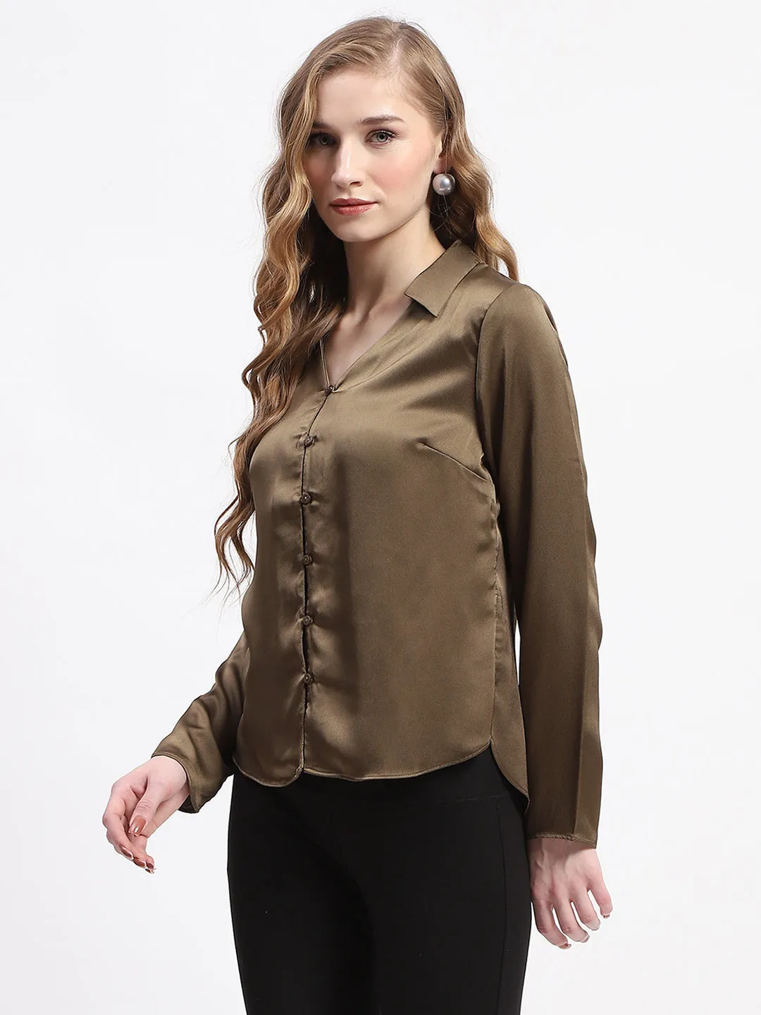 Breathable Cotton Casual Essential Madame Satin Bell Sleeve Collared Solid Olive Green Top