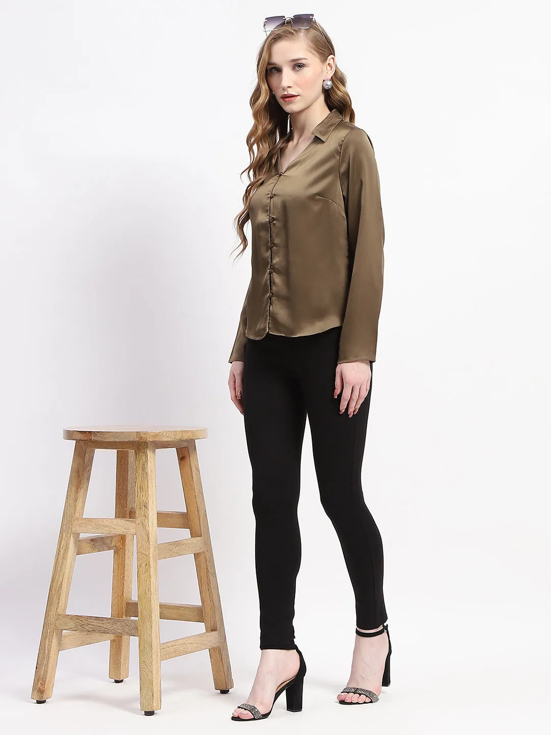 Madame Satin Bell Sleeve Collared Solid Olive Green Top Camping Essential Simple Comfort