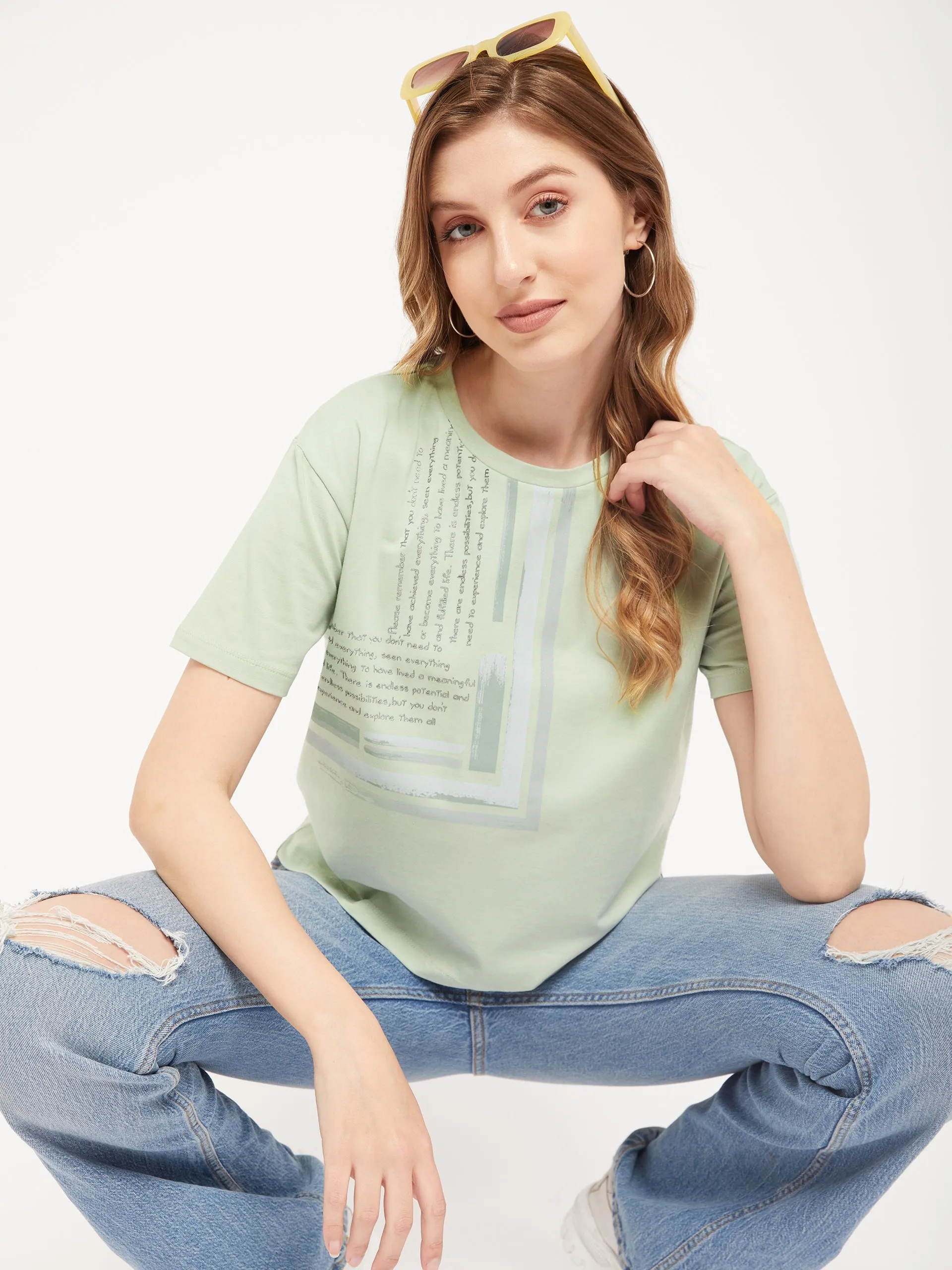 Madame Sea Green Typography T-Shirt Soft & Smooth