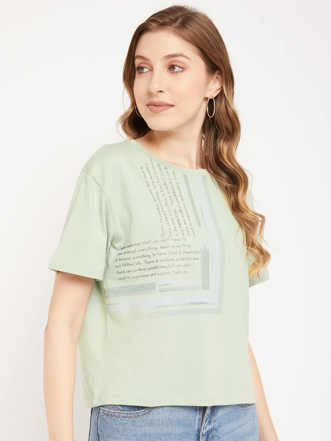 Madame Sea Green Typography T-Shirt Breathable Fit Wear