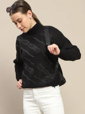 Soft & Cozy Effortless Layering Madame Self Design Black Turtleneck Sweater