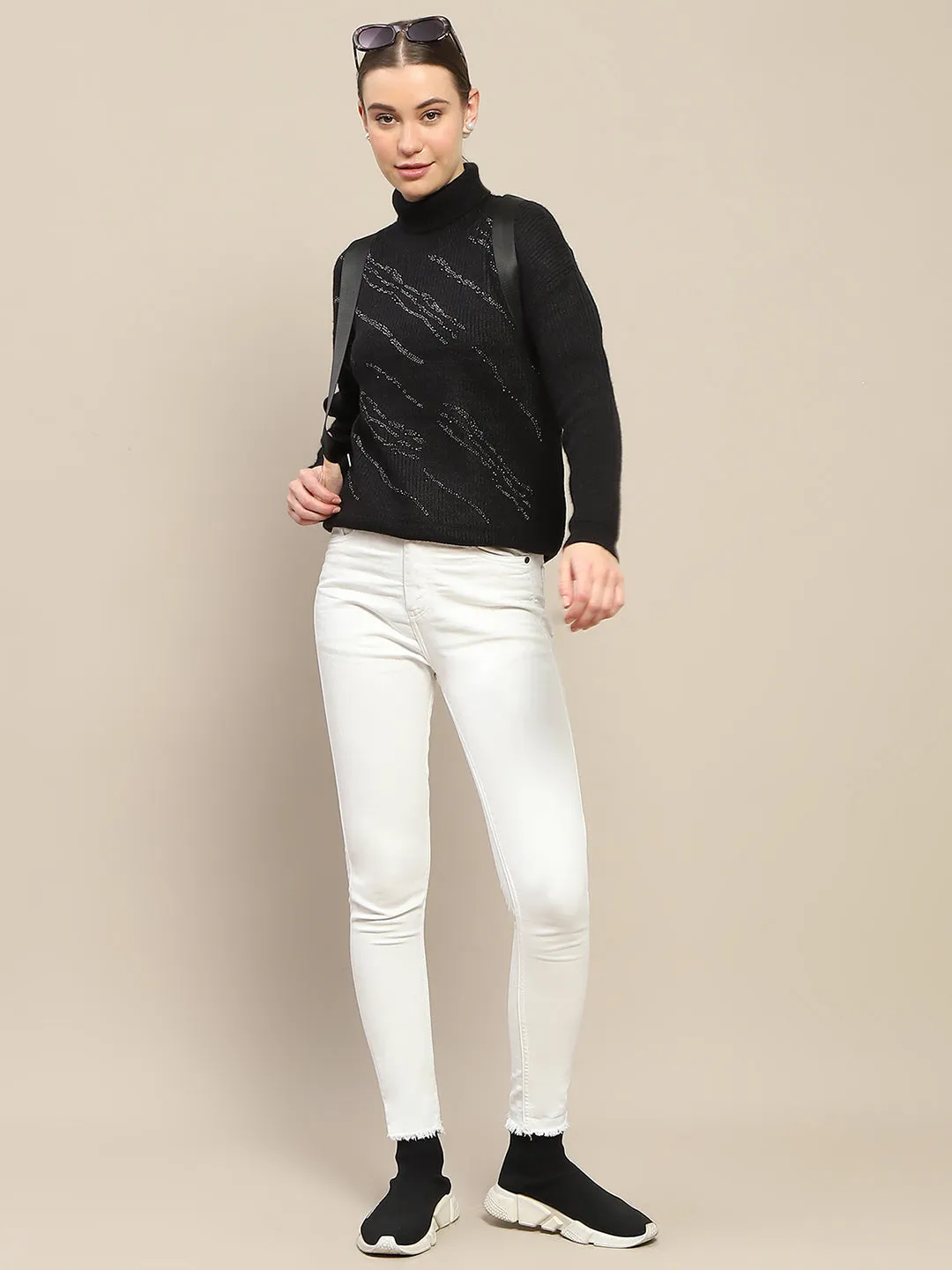 Madame Self Design Black Turtleneck Sweater Stretch Fit slim fit