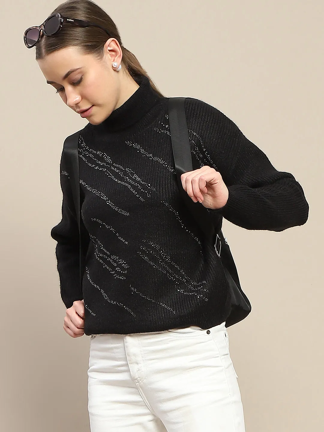 Soft & Cozy Effortless Layering Madame Self Design Black Turtleneck Sweater