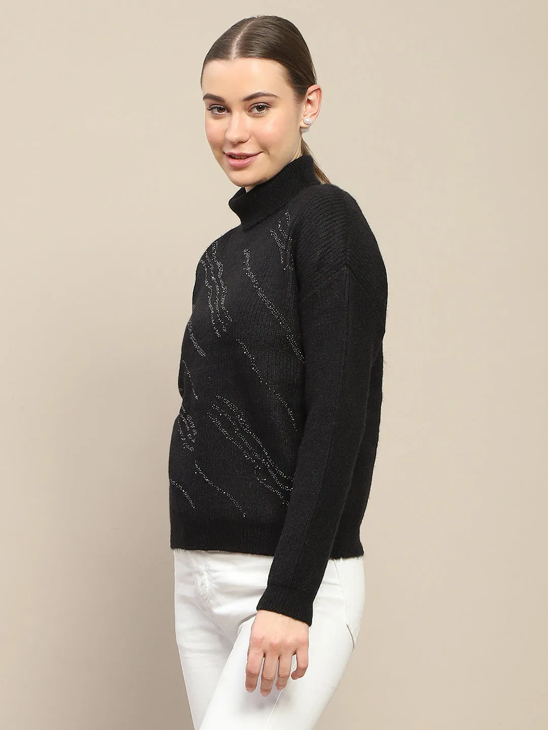 Madame Self Design Black Turtleneck Sweater Seasonal Wear Bias Cut Hem Details