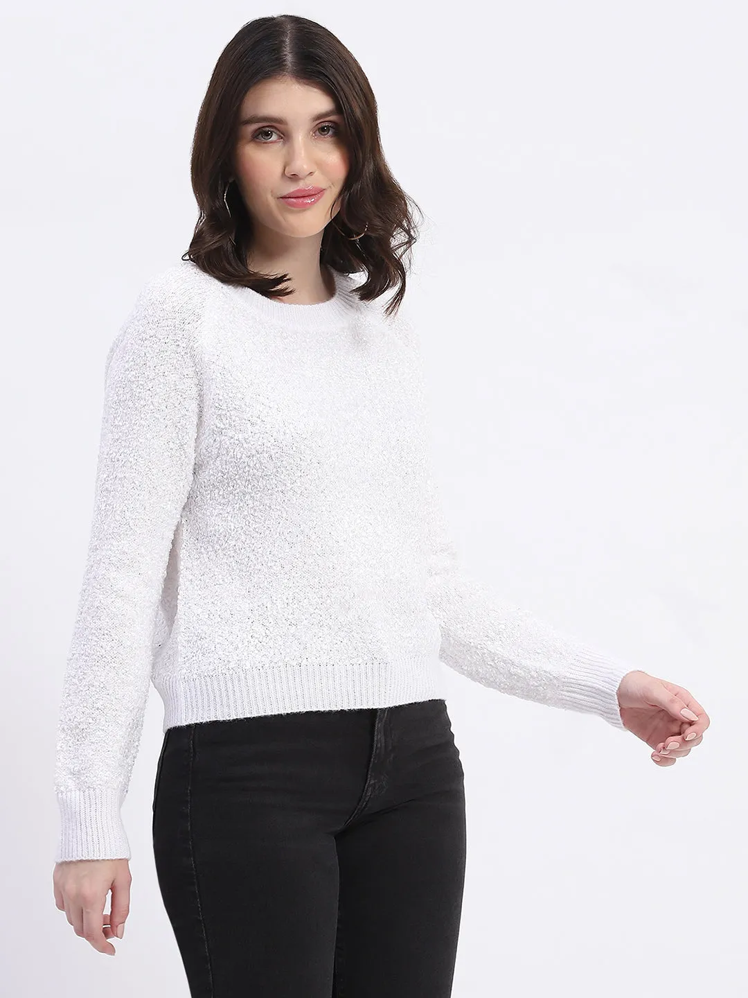 fuzzy texture Everyday Ease Madame Self Design Off White Sweater
