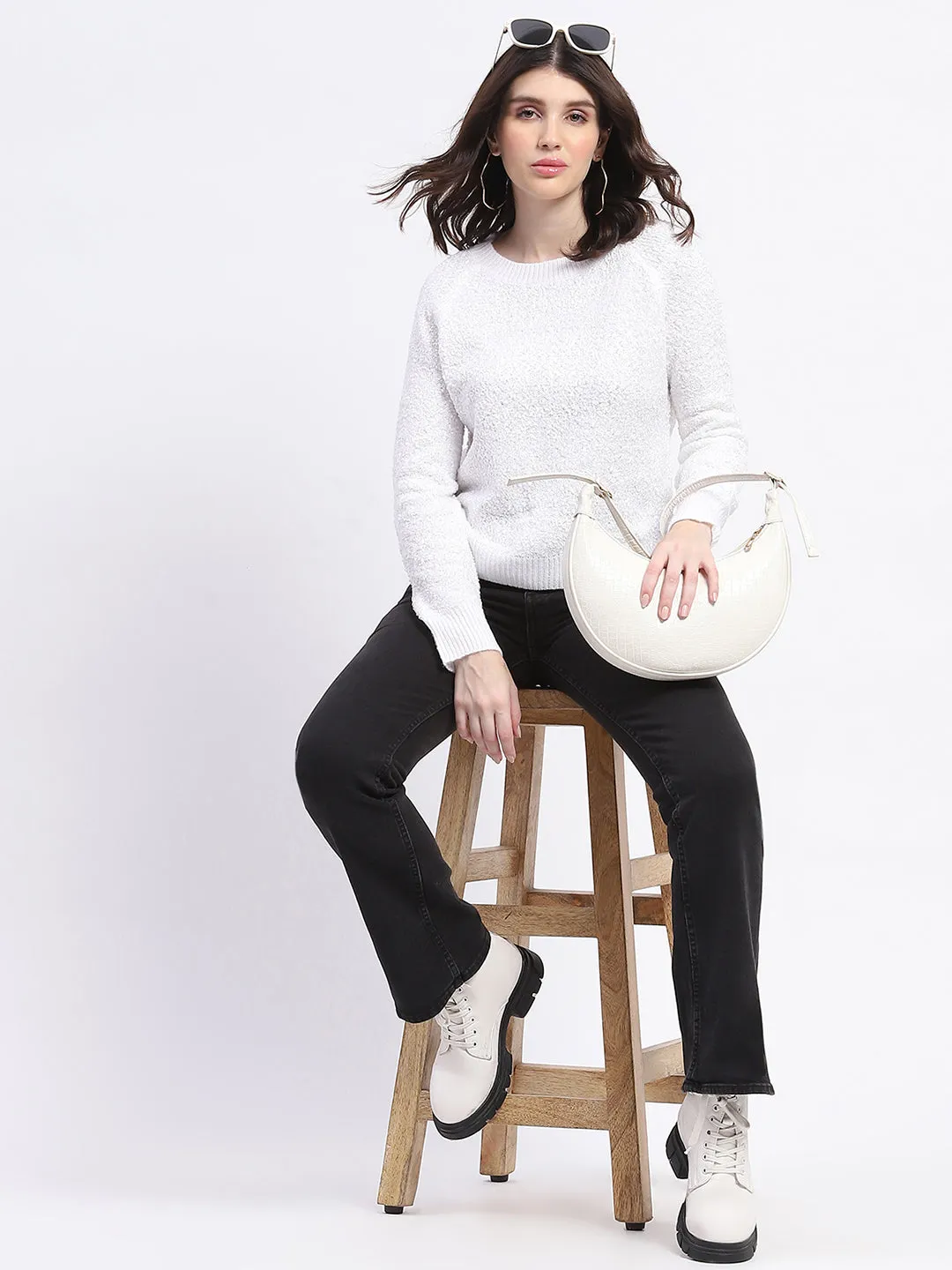 All Season Knit Multipanel Construction Madame Self Design Off White Sweater