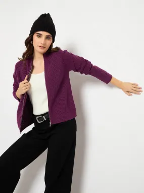 Comfortable apparel Madame Self Design Zipped Purple Sweater