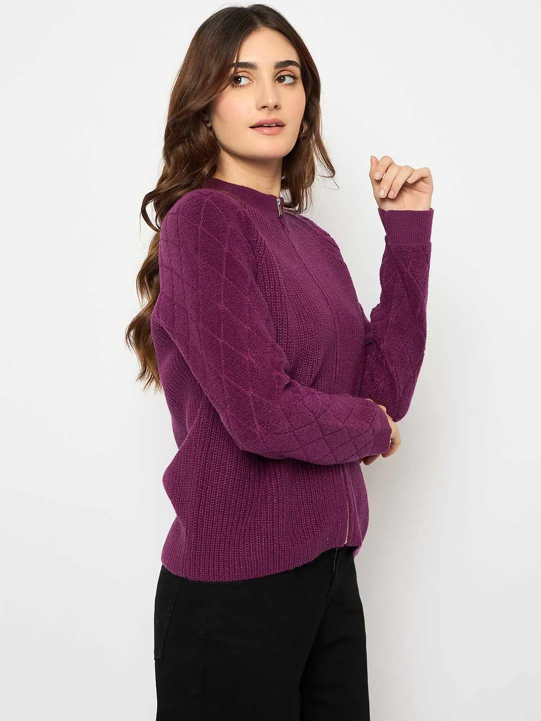 Madame Self Design Zipped Purple Sweater Breathable Fit