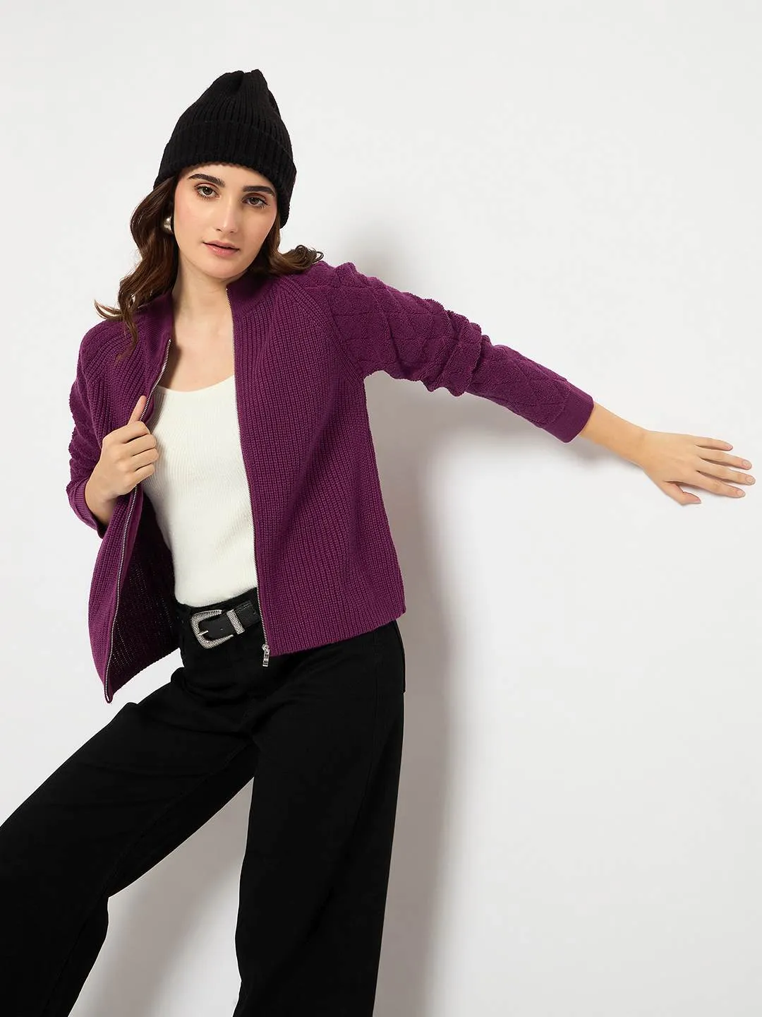 Comfortable apparel Madame Self Design Zipped Purple Sweater