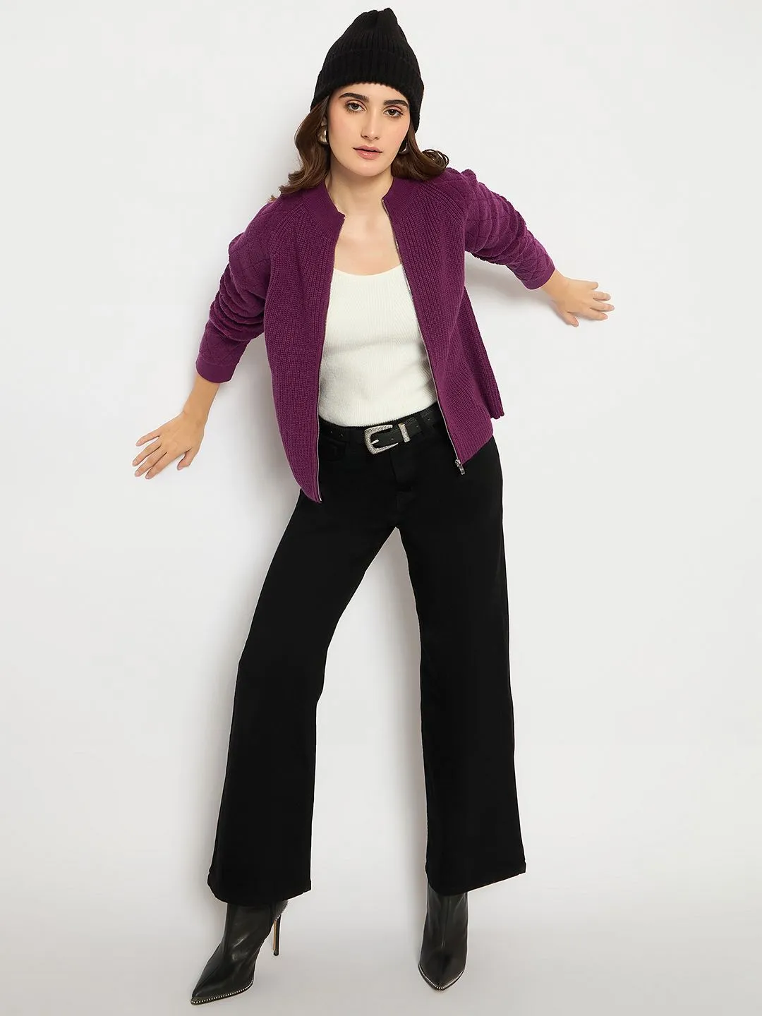 Fine Gauge Casual Essentials Madame Self Design Zipped Purple Sweater