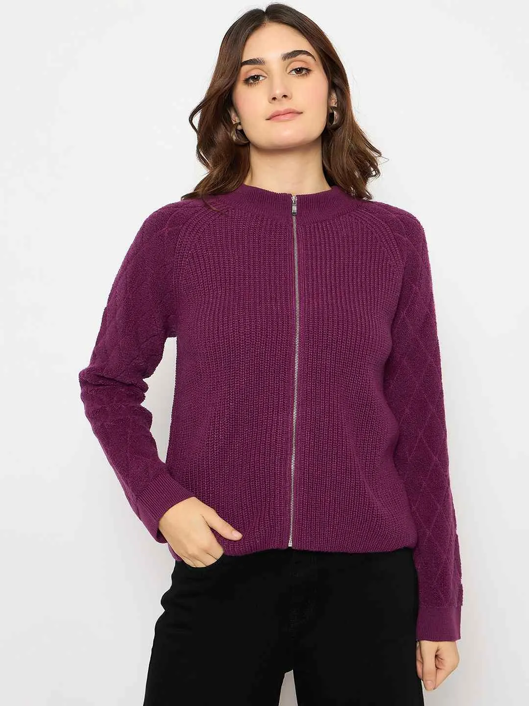 Madame Self Design Zipped Purple Sweater Versatile Comfort