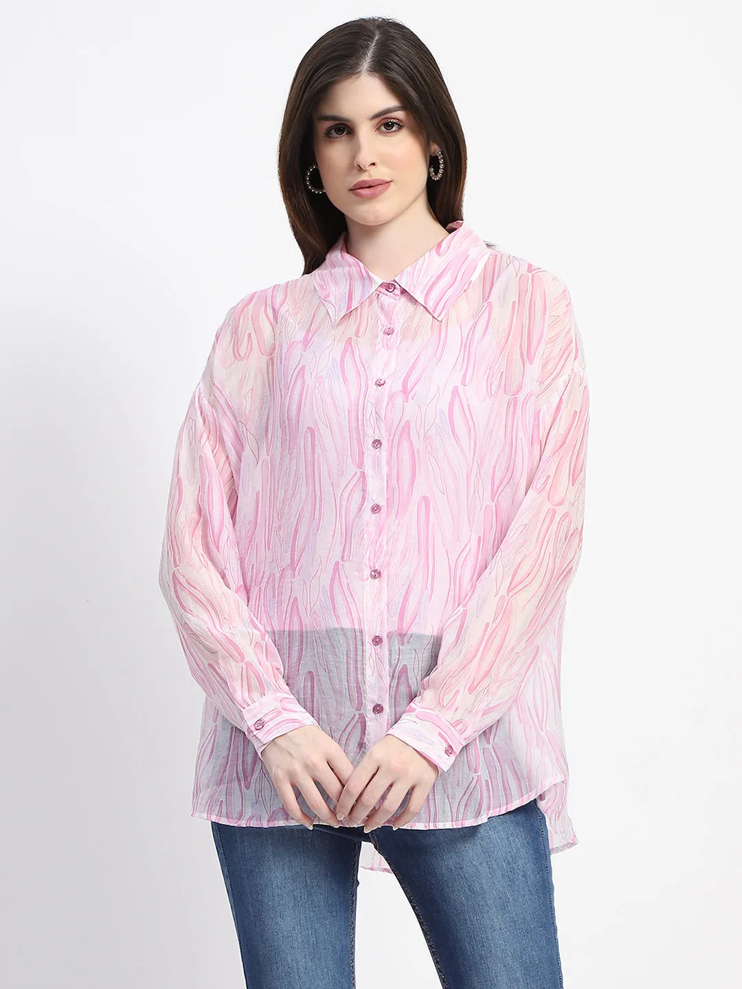 Madame Semi Sheer Abstract Print Baby Pink Shirt Relaxed Wear