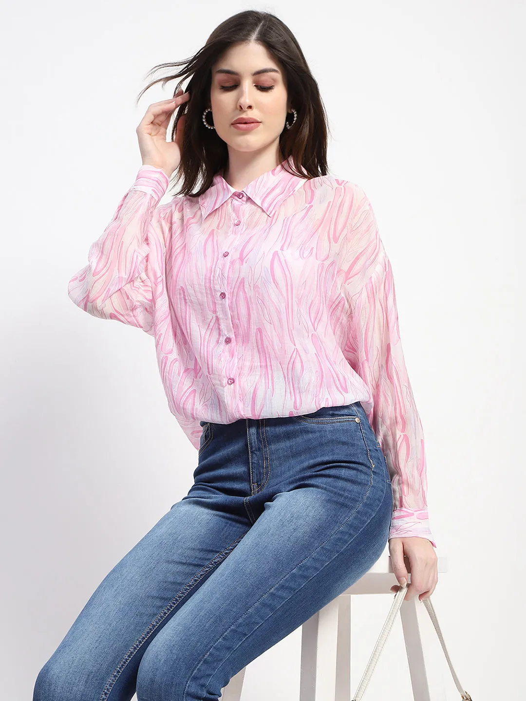 Multipurpose Utility Madame Semi Sheer Abstract Print Baby Pink Shirt