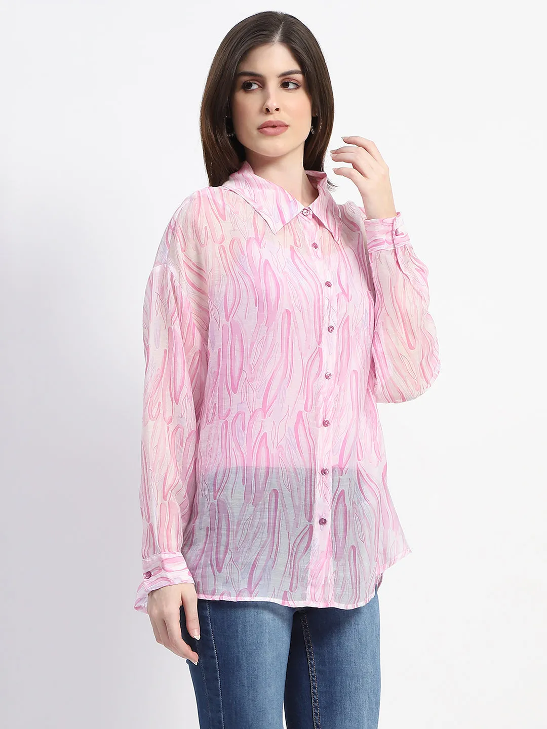 Madame Semi Sheer Abstract Print Baby Pink Shirt Matte Finish Fast Drying