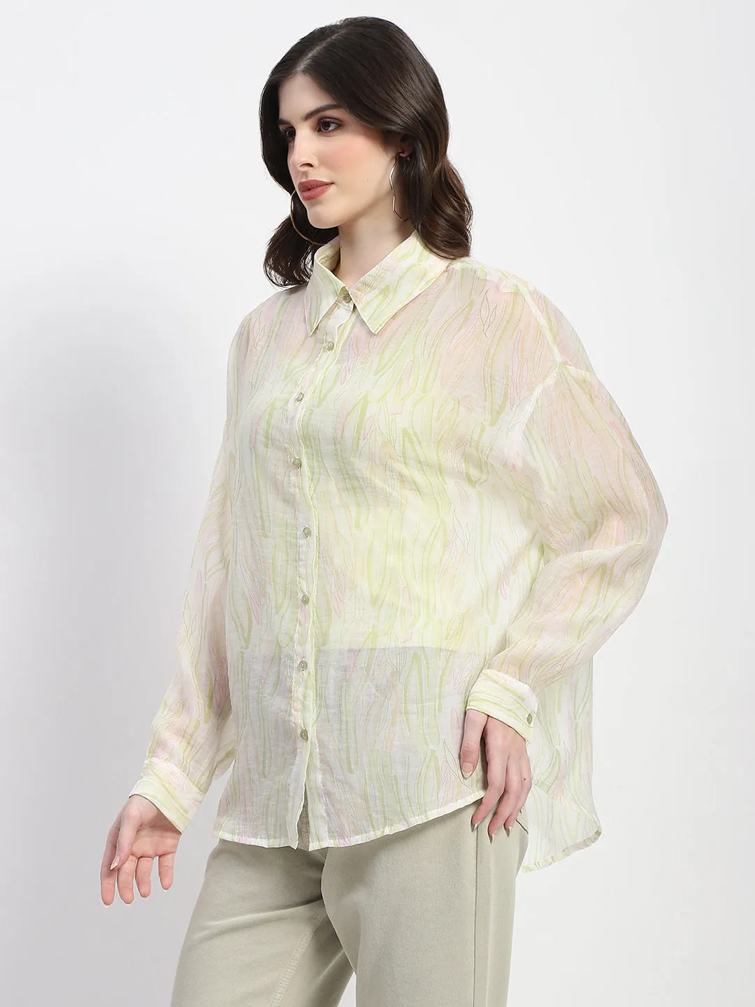 Madame Semi Sheer Abstract Print Lime Shirt Comfy Look Lightweight Feel
