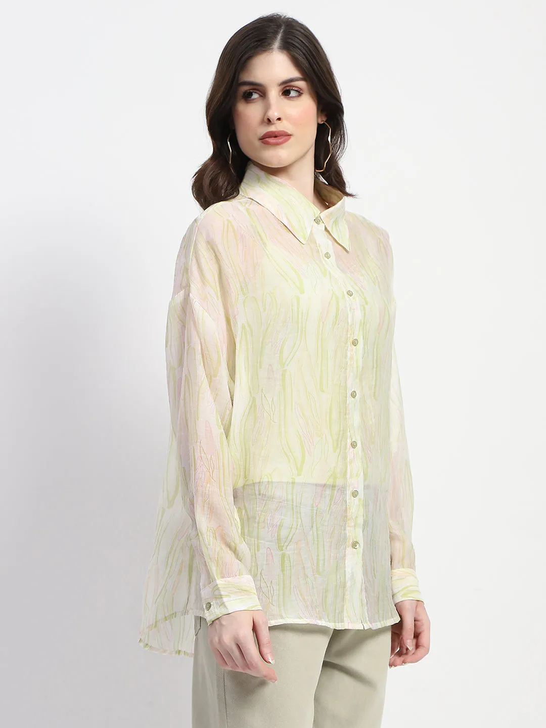 Madame Semi Sheer Abstract Print Lime Shirt Breathable Layer