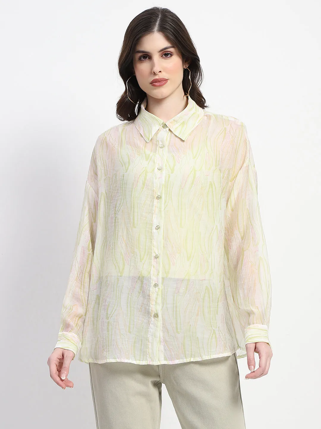 Festival Fashion Street Style Madame Semi Sheer Abstract Print Lime Shirt