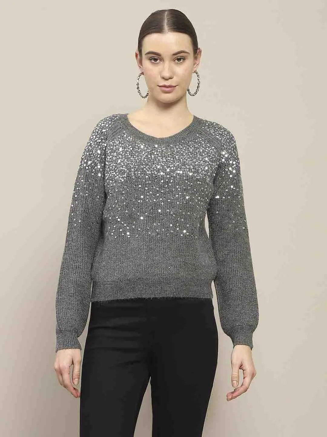 Breathable Fit Design Chilly Weather Knit Madame Sequin Adorned Dark Grey Sweater