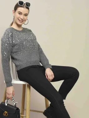 Madame Sequin Adorned Dark Grey Sweater Snuggle Fit