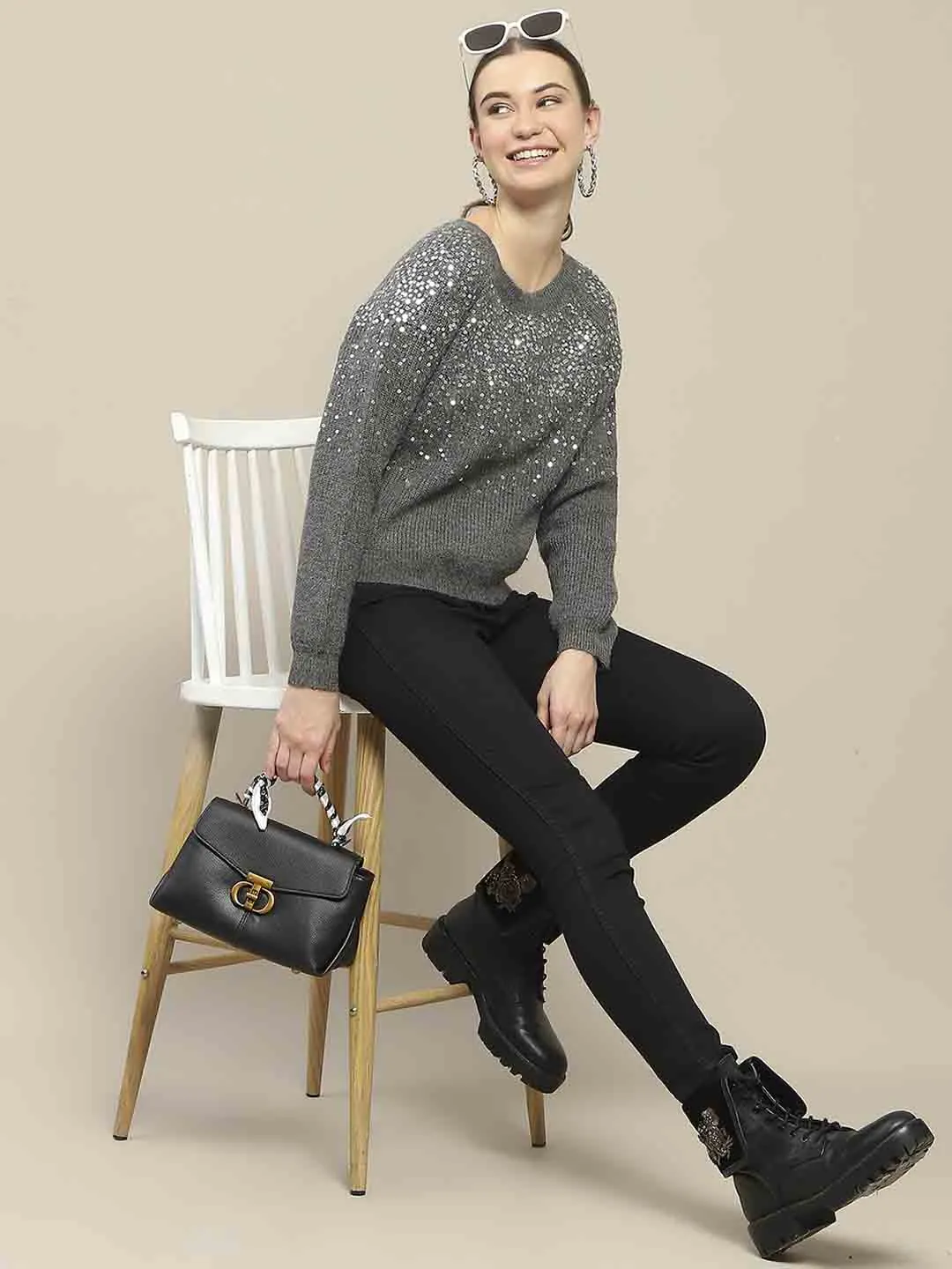 Madame Sequin Adorned Dark Grey Sweater Chilly Day Layers All Day Fit