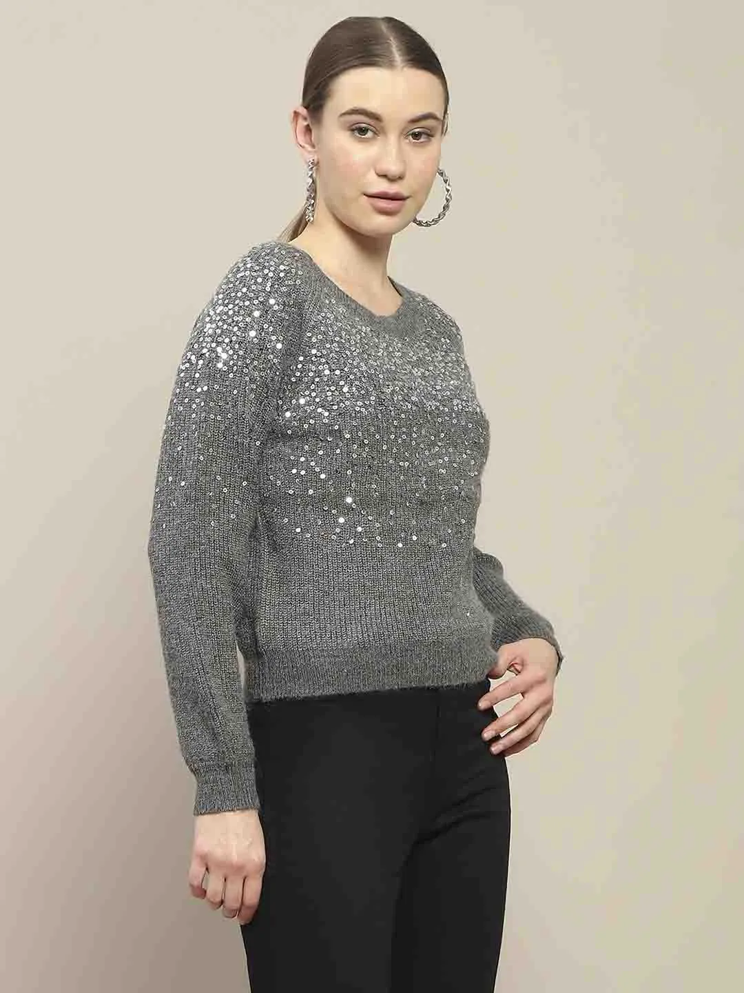 Madame Sequin Adorned Dark Grey Sweater Layered Style Wear