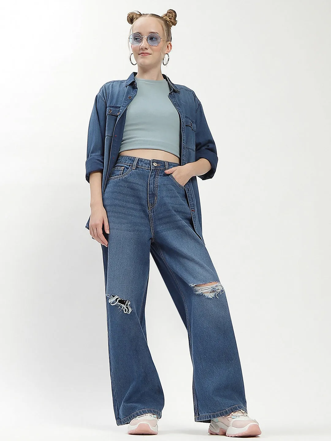 Slim Cut Madame Shanaya Kapoor Ripped Blue Denim Jeans
