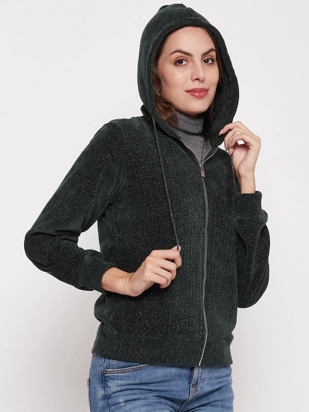 Madame Shimmer Bottle Green Hooded Sweatshirt Water Resistant