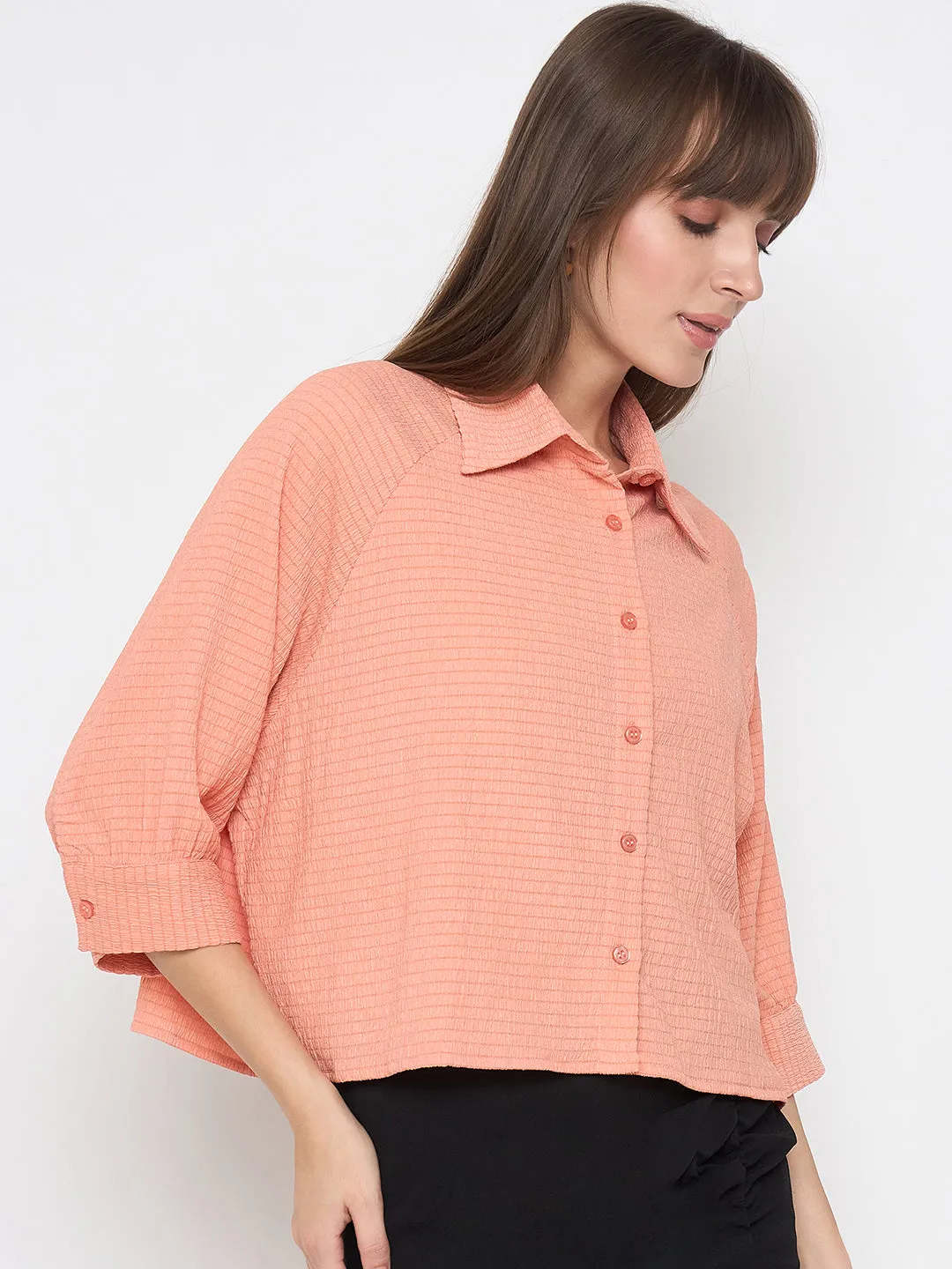 Madame Shirt Collar Buttoned Orange Crop Shirt Breathable Lining Vibrant color