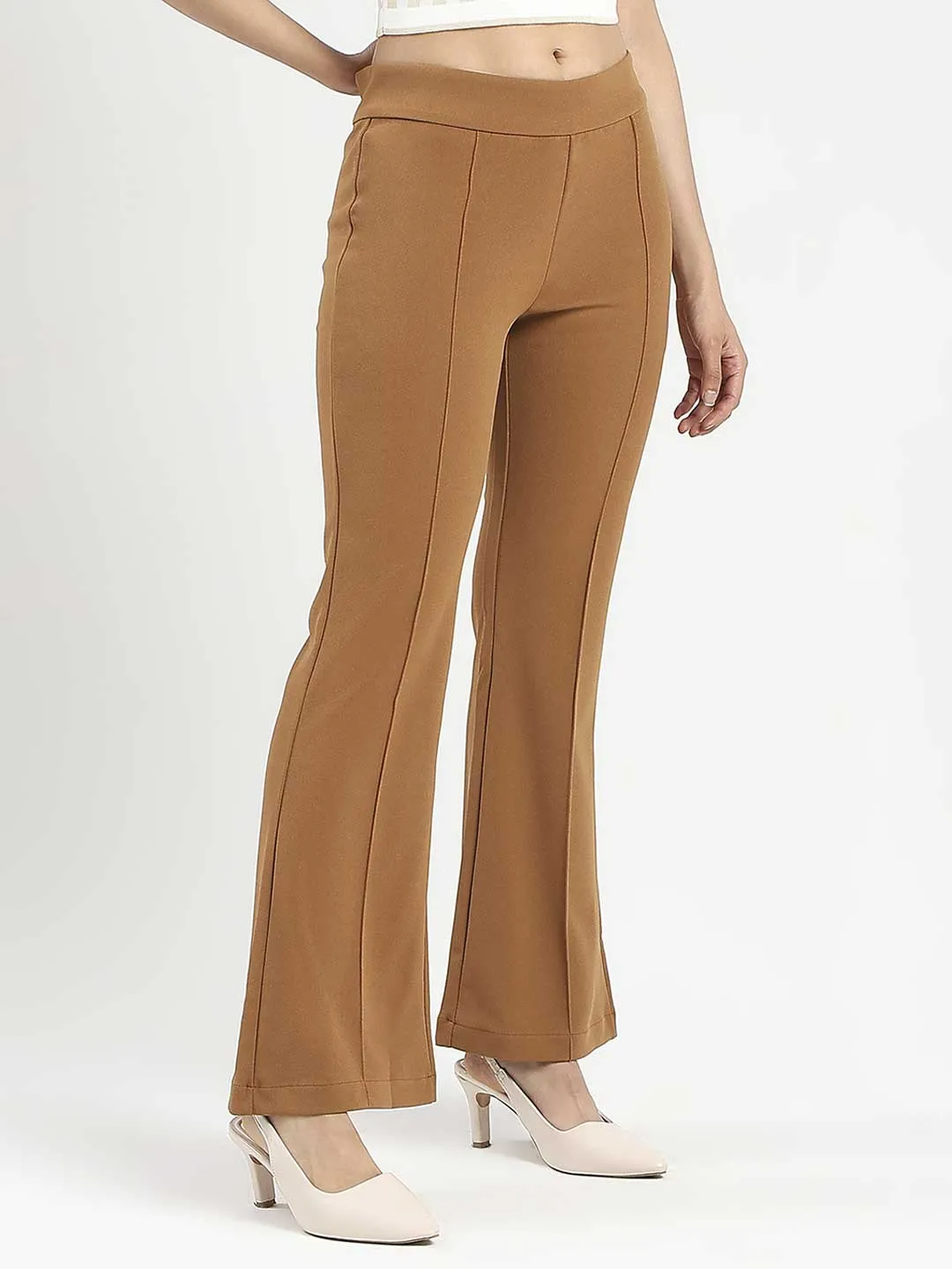 Madame Side Zipper Flared Coffee Brown Knitted Moss Trousers Day Ready Sporty Comfort