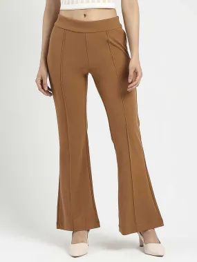 Breathable Wear Fit Madame Side Zipper Flared Coffee Brown Knitted Moss Trousers