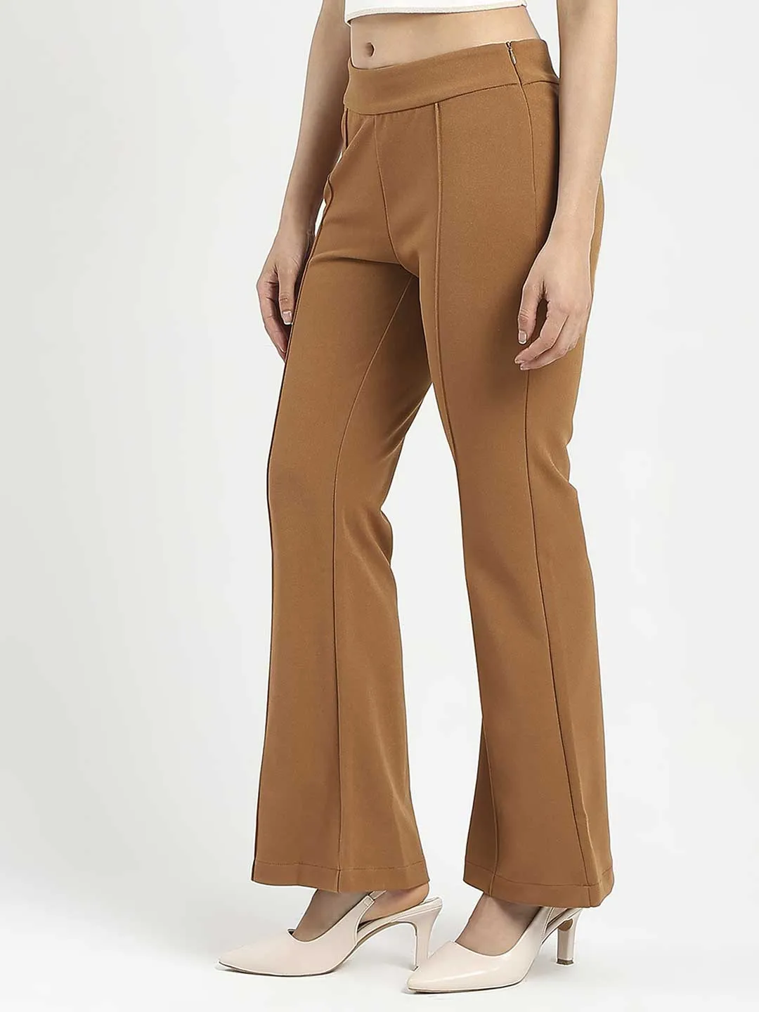 Flexible Material Casual Office Madame Side Zipper Flared Coffee Brown Knitted Moss Trousers
