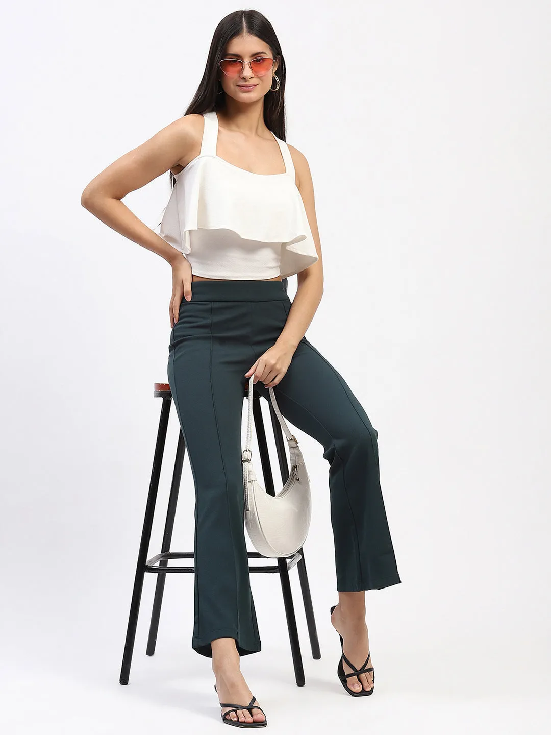 Madame Single Pleated Green Flared Trousers tailored look