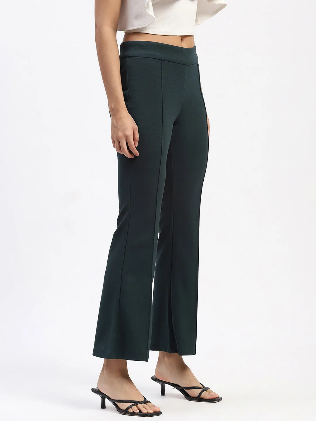 Madame Single Pleated Green Flared Trousers Flexible Layer