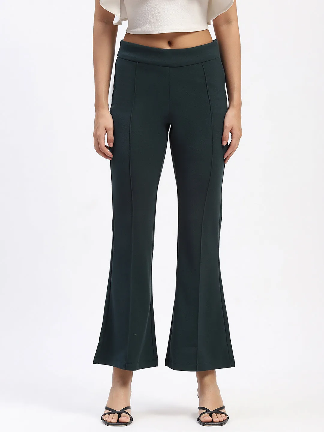 Skinny Fit Comfy Waistband Madame Single Pleated Green Flared Trousers
