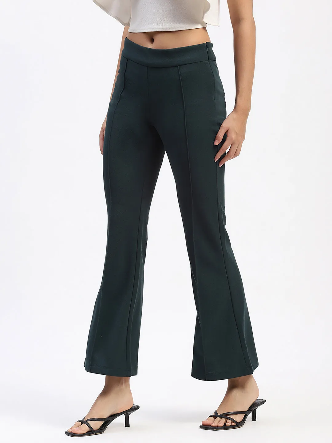 Madame Single Pleated Green Flared Trousers Day Ready